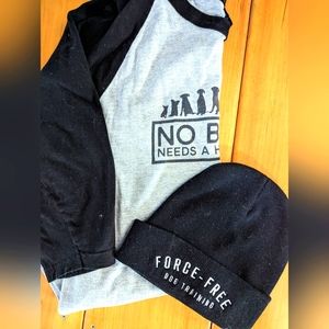 Woofcultr positive reinforcement lot, baseball shirt and winter beanie.